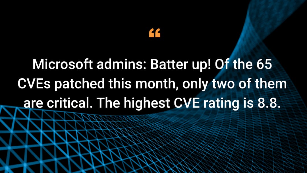 Microsoft admins: Batter up! Of the 65 CVEs patched this month, only two of them are critical. The highest CVE rating is 8.8. 